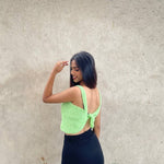Handmade green crochet tie-back crop top for women – trendy summer wear with square neckline and adjustable back, perfect for casual and beach outfits.